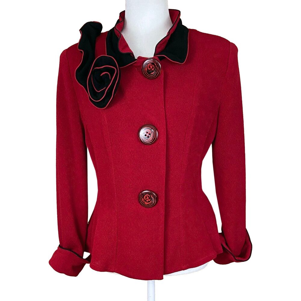 Vintage Saint Gil Paris Blazer Jacket Size L (READ) Red Knit w/Rosette Coquette